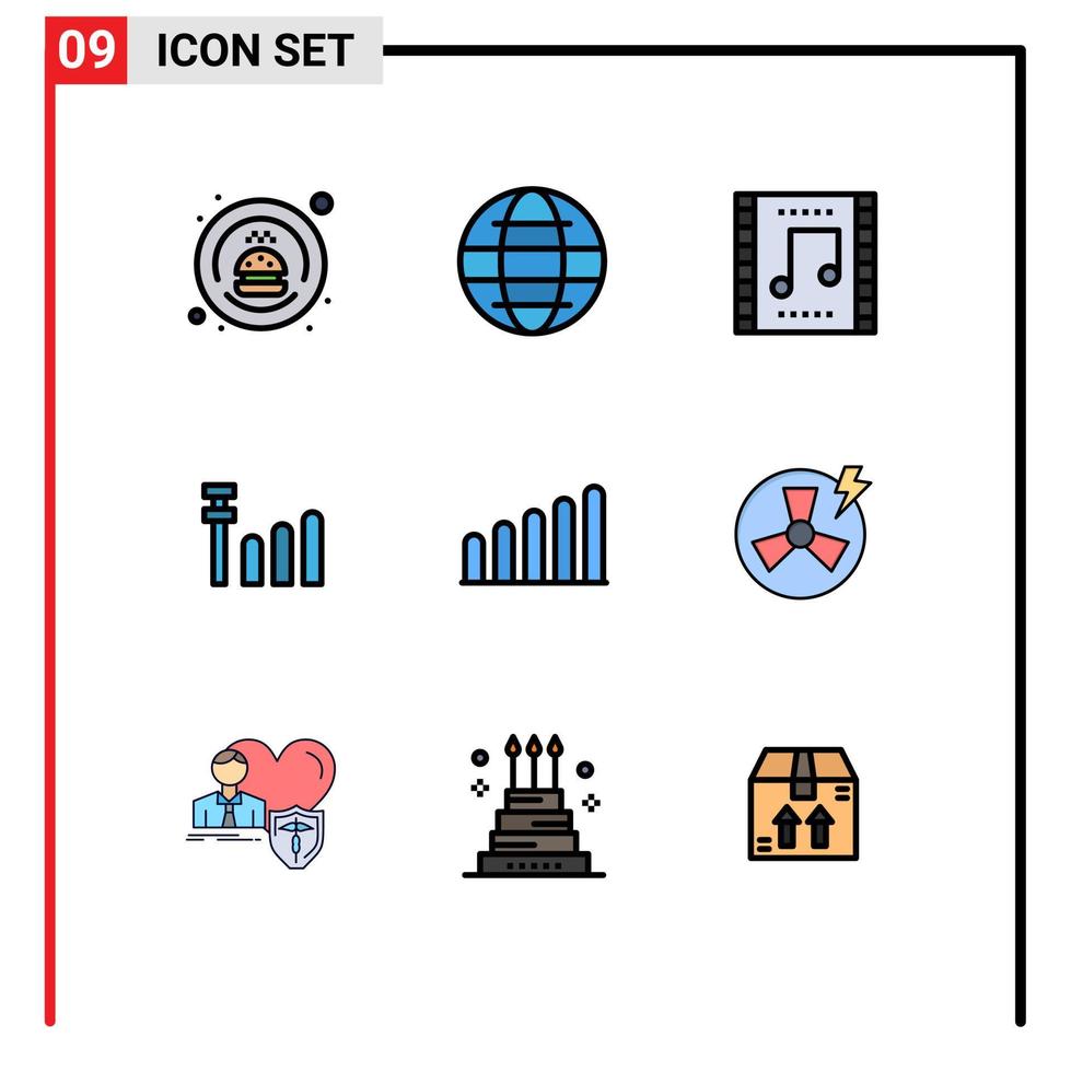 pictogram reeks van 9 gemakkelijk gevulde lijn vlak kleuren van energie ventilator viering signaal muziek- tafereel bewerkbare vector ontwerp elementen