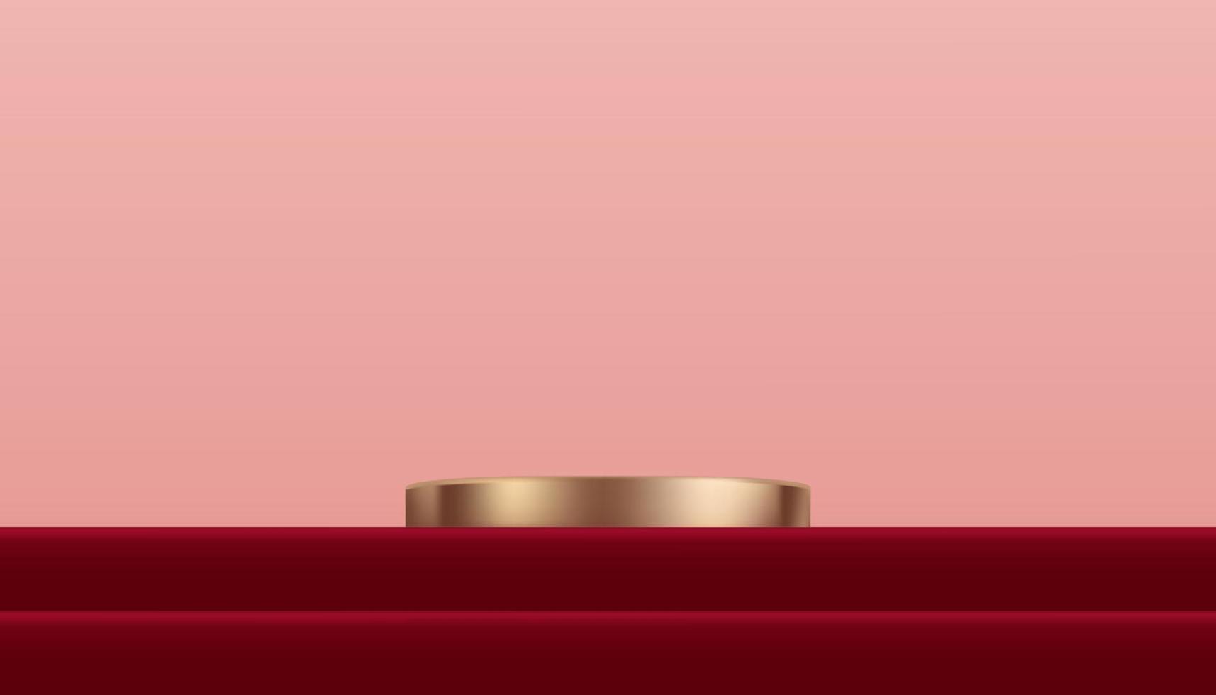 3d Scherm roze goud cilinder podium Aan rood stap en beige muur achtergrond, vector luxe studio tafereel met cirkel staan voor valentijn, chinees nieuw jaar, kerstmis, moeders dag Product presentatie