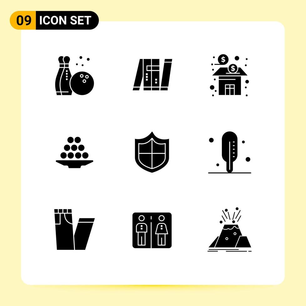 modern reeks van 9 solide glyphs pictogram van laddu toetje bank lekkernij voorraad bewerkbare vector ontwerp elementen