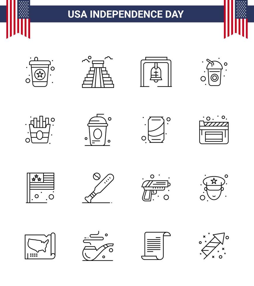 16 creatief Verenigde Staten van Amerika pictogrammen modern onafhankelijkheid tekens en 4e juli symbolen van Patat snel klok Frisdrank cola bewerkbare Verenigde Staten van Amerika dag vector ontwerp elementen
