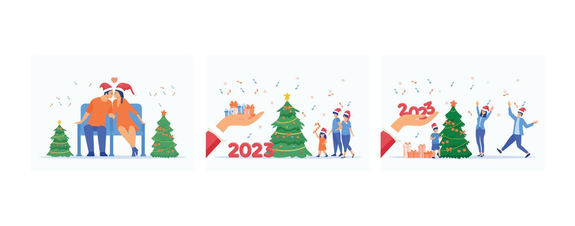 paar zoenen Bij kerstmis, de kerstman claus hand- geeft geschenken, gelukkig familie in de buurt traditioneel Kerstmis boom, Kerstmis viering, reeks vlak vector modern illustratie