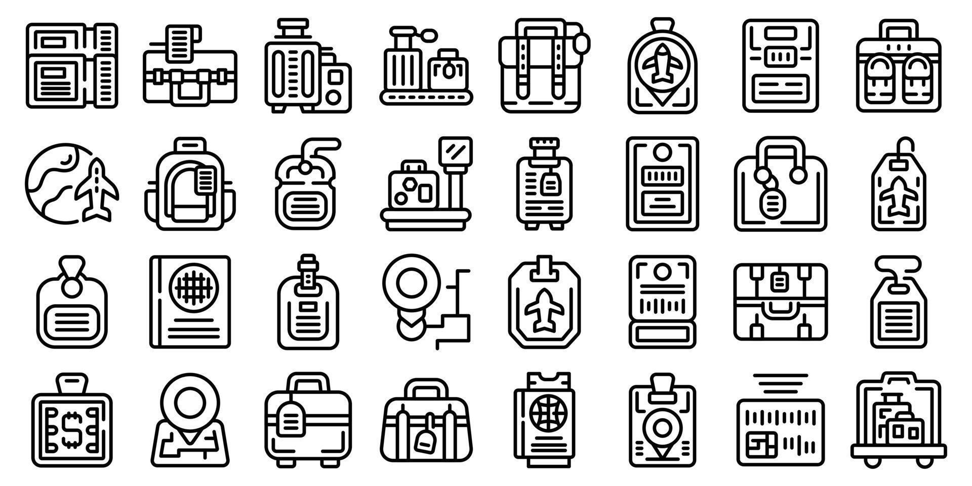 luchthaven reizen tags pictogrammen reeks schets vector. reizen bagage vector