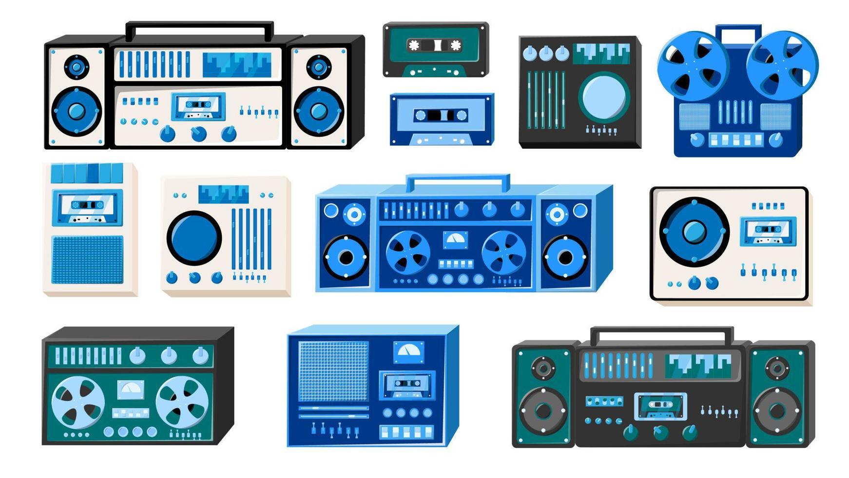 reeks van bleutiful oud retro wijnoogst isometrie musical elektronica uitrusting audio cassette opnemer met magnetisch plakband, dj troosten van jaren 70, jaren 80, jaren 90. vector illustratie