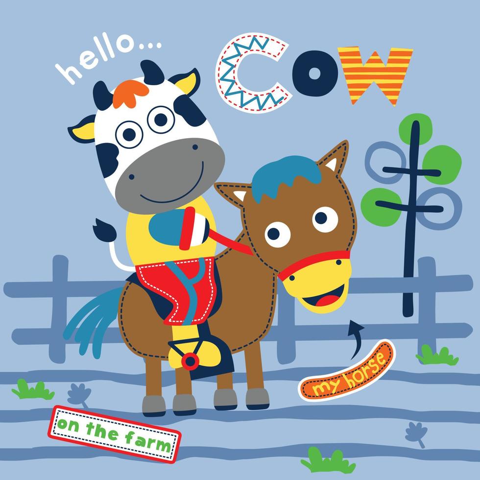 koe en paard grappig dier tekenfilm, vector illustratie