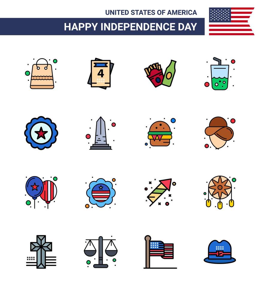 gelukkig onafhankelijkheid dag 4e juli reeks van 16 vlak gevulde lijnen Amerikaans pictogram van Verenigde Staten van Amerika drinken frise glas zomer bewerkbare Verenigde Staten van Amerika dag vector ontwerp elementen