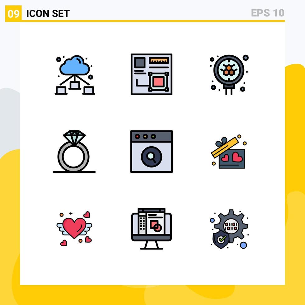 9 universeel gevulde lijn vlak kleuren reeks voor web en mobiel toepassingen zoeken app atoom ring diamant bewerkbare vector ontwerp elementen