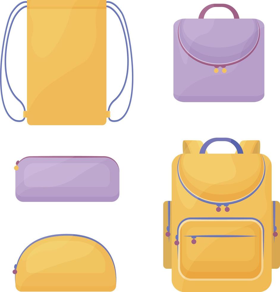 een school- uitrusting bestaande van geel en lila school- Tassen, zo net zo een rugzak, een rechthoekig en ronde potlood geval voor pennen en potloden, een schoen zak en een aktentas. vector Aan een wit achtergrond
