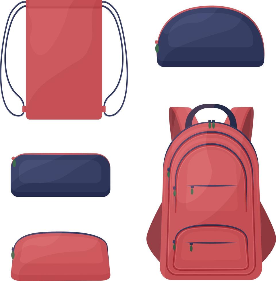 een school- uitrusting bestaande van rood en blauw school- Tassen, zo net zo een kra rugzak, een rechthoekig en ronde potlood geval voor pennen en potloden, en een schoen tas. vector illustratie geïsoleerd Aan wit achtergrond