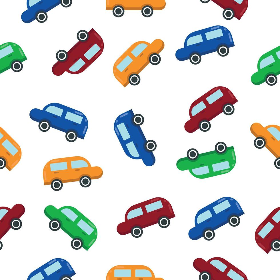 helder kleur kinderen s naadloos patroon bestaande van afbeeldingen van speelgoed- auto's in blauw groen, rood en oranje kleuren. auto patroon voor de afdrukken. vector illustratie Aan wit achtergrond