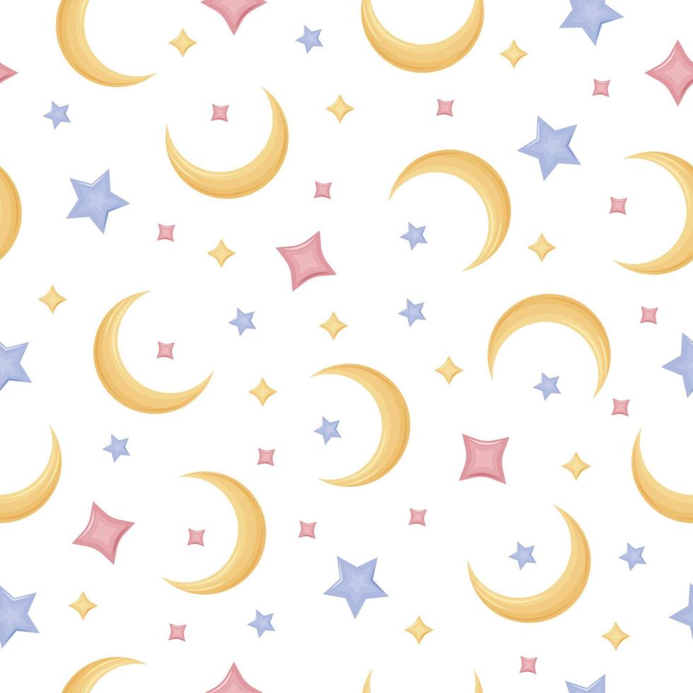 helder kinderen s kleur naadloos patroon. met een afbeelding van een geel maan en rood blauw en geel sterren. een halve maan maan met sterren. maan patroon voor de afdrukken, vector illustratie .