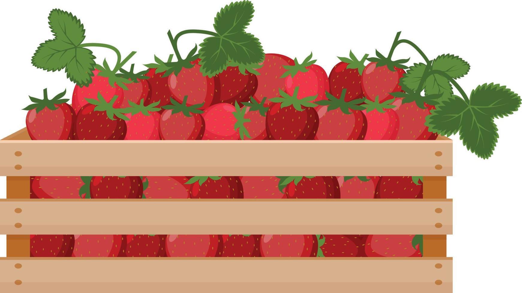 een helder zomer illustratie beeltenis een houten doos met rood rijp aardbeien en groen bladeren. de geoogst oogst van sappig aardbeien in een doos gemaakt van hout. vector illustratie achtergrond