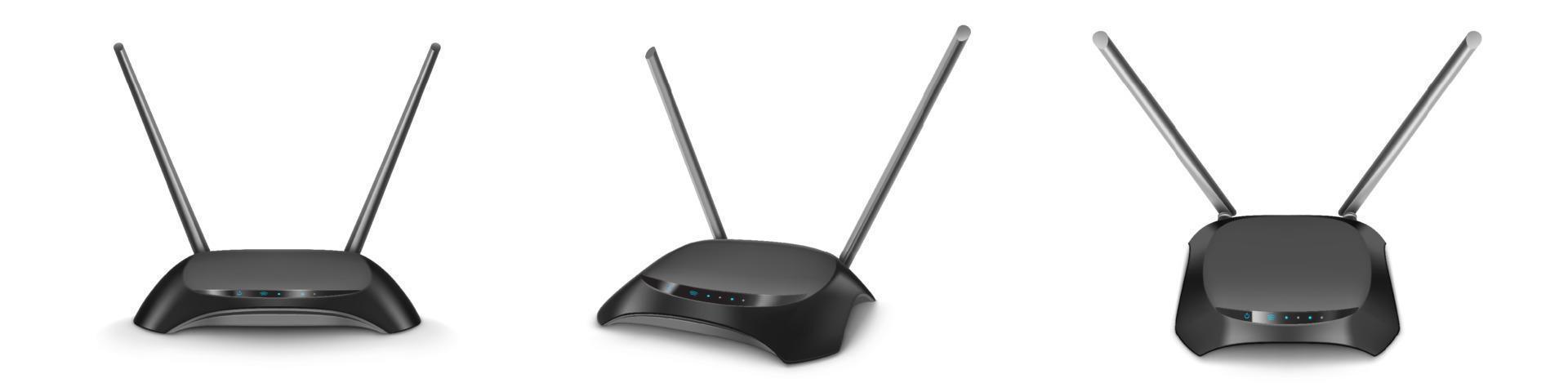 Wifi router voorkant, bovenkant, hoek en kant visie mockup vector