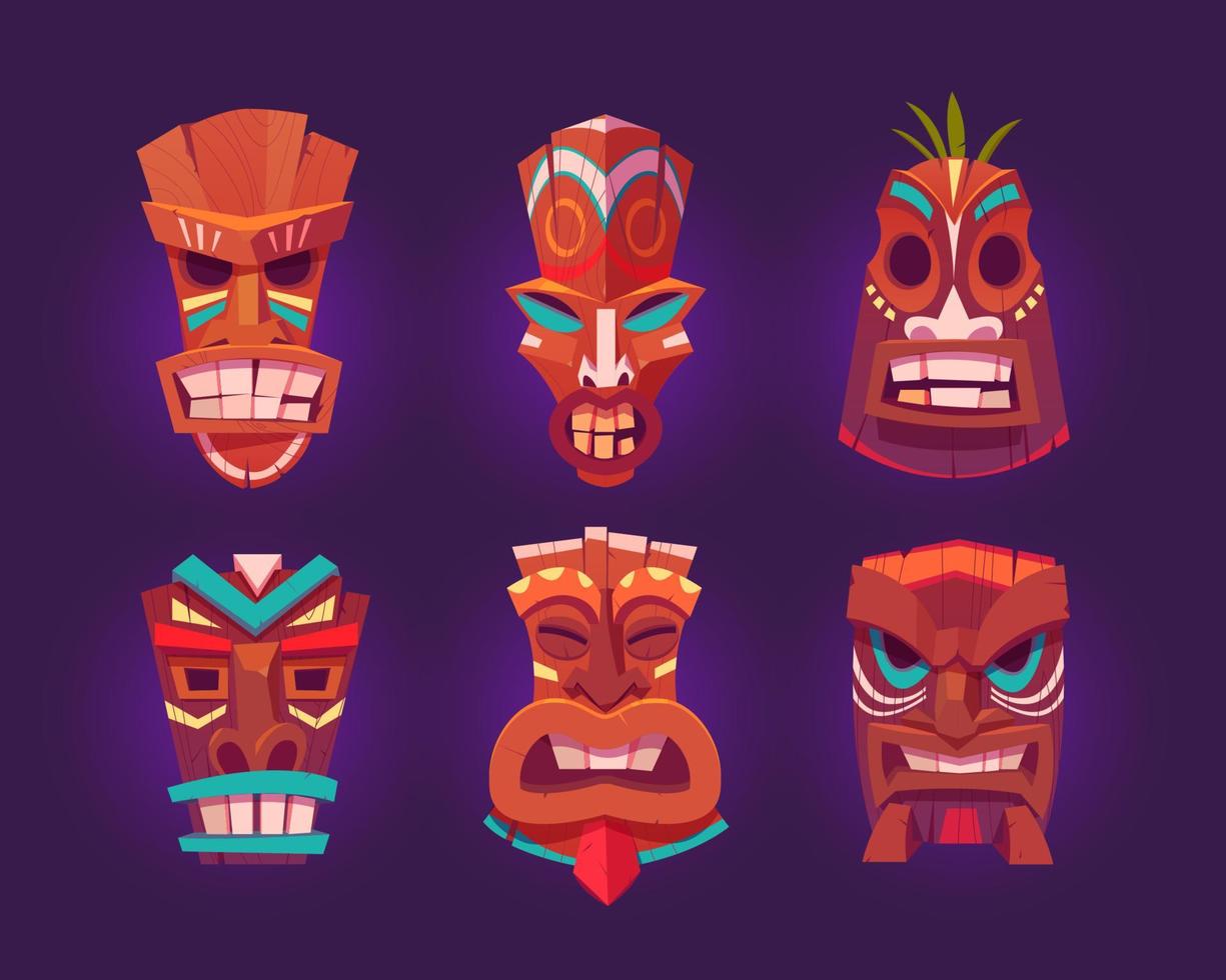 tiki maskers, houten hawaiiaans tribal totem vector