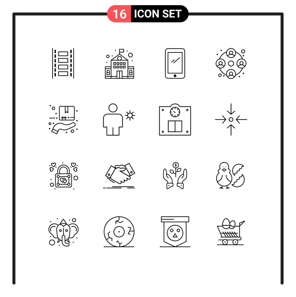 universeel icoon symbolen groep van 16 modern contouren van doos werk slim telefoon gebruikers mensen bewerkbare vector ontwerp elementen