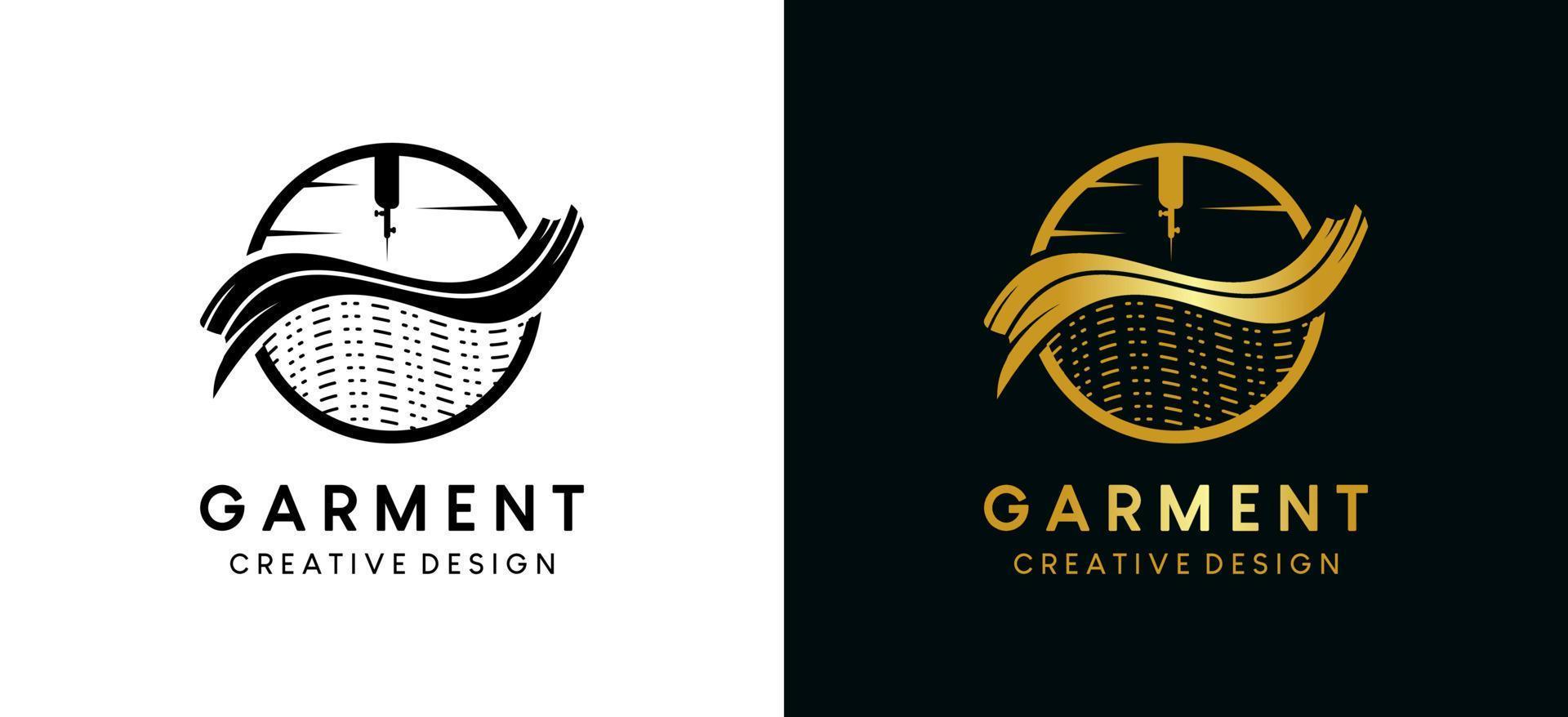 kledingstuk logo ontwerp met naaien machine naald- concept en kleding stof icoon vector