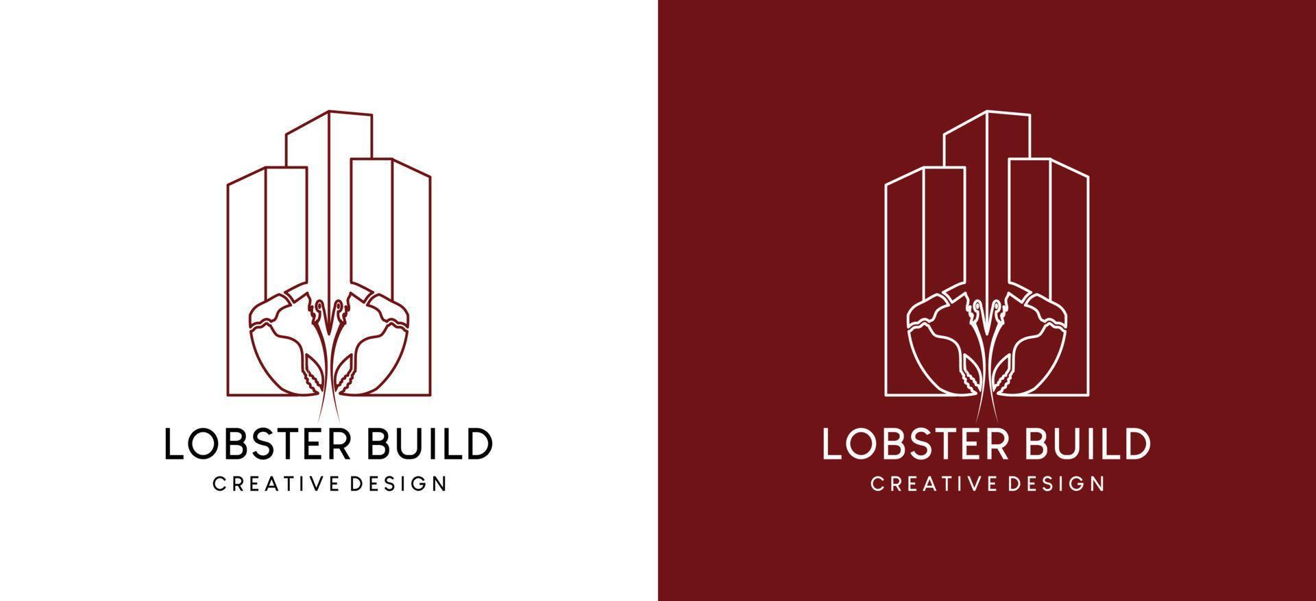 kreeft gebouw logo ontwerp met lijn kunst concept, kreeft restaurant of zeevruchten restaurant logo vector illustratie