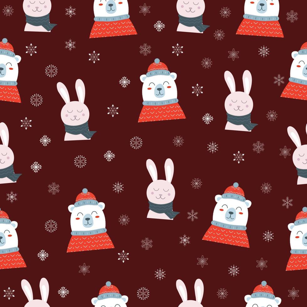 naadloos patroon met Kerstmis wit beer in een rood hoed en trui en konijn Aan donker paars achtergrond vector