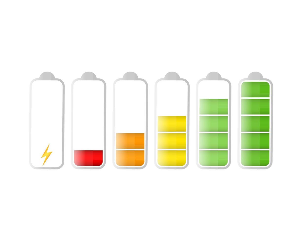 ontladen en ten volle opgeladen accu. accu in rekening brengen indicator pictogrammen. telefoon accu opladen niveau. reeks van kleur in rekening brengen stroom. accu in rekening brengen van leeg naar laag. vector illustratie geïsoleerd Aan wit