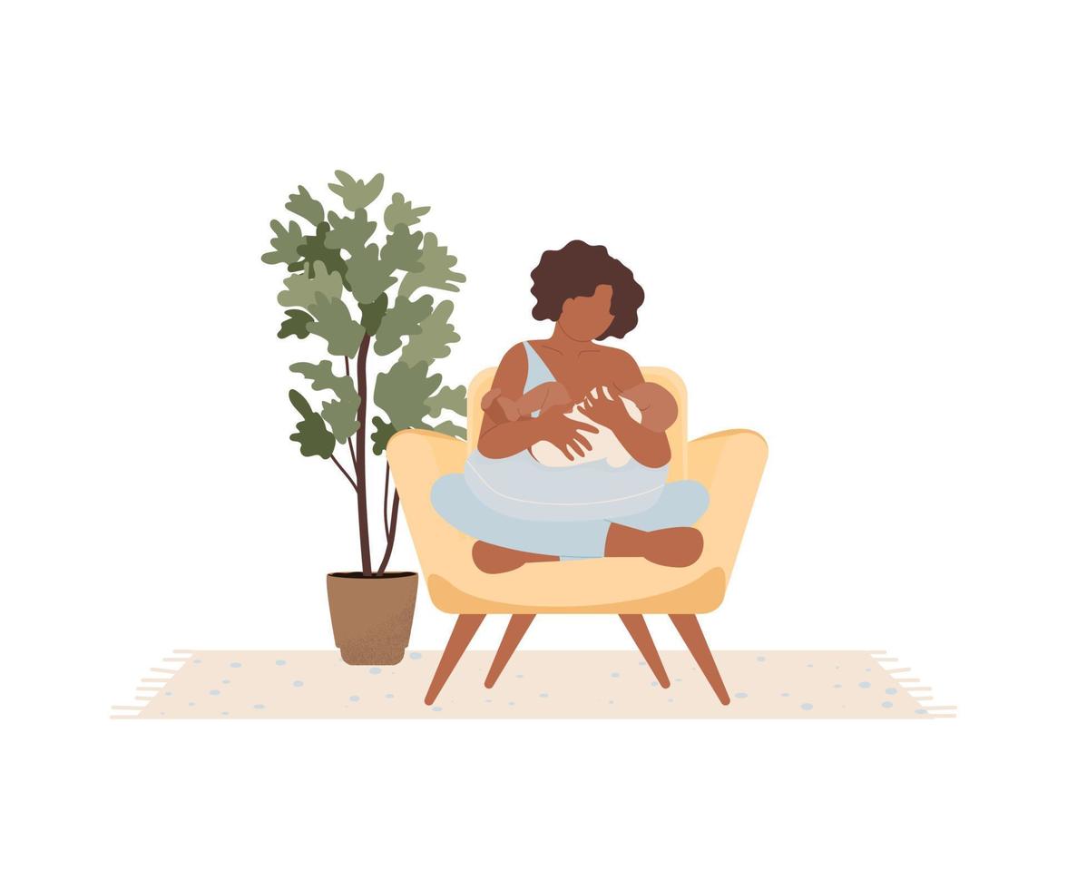 donker huid vrouw borstvoeding geeft pasgeboren baby. moeder zittend in fauteuil met kind. mam voeden zuigeling met moedermelk. vector illustratie geïsoleerd Aan wit achtergrond
