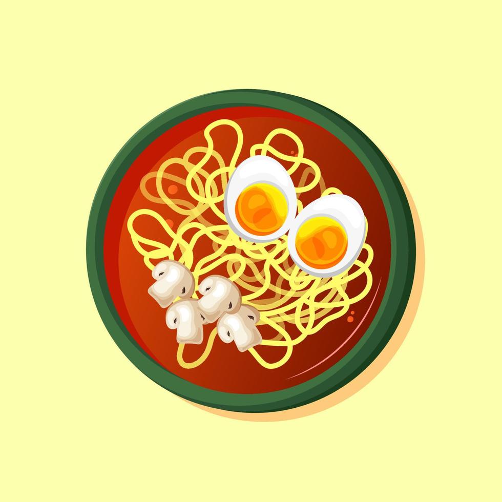 ramen soep kom met noedels, gesneden champignons en gekookt eieren. traditioneel Aziatisch voedsel gerecht. vlak vector geïsoleerd illustratie.