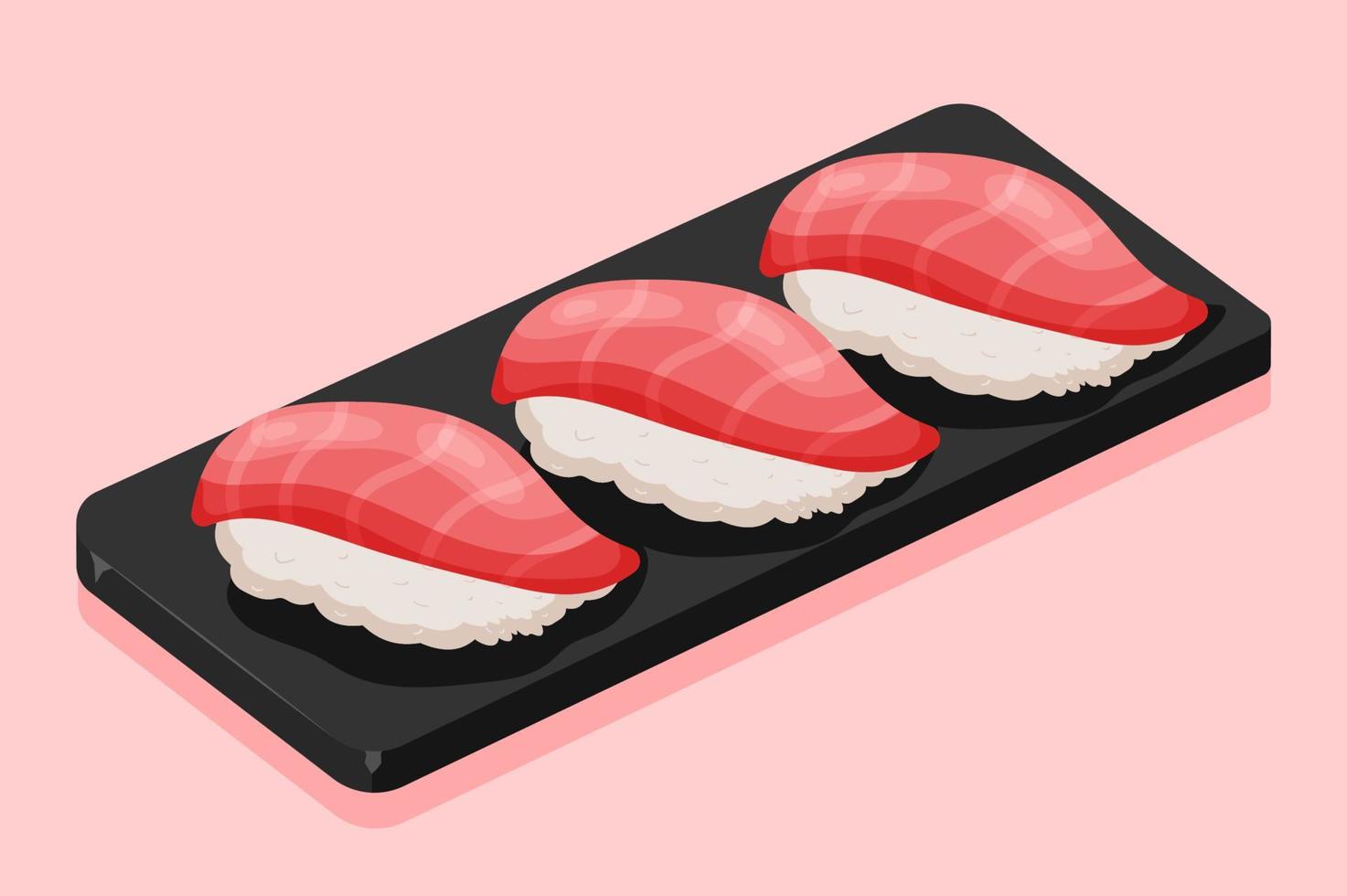 tekenfilm tonijn sashimi plakjes aan het liegen Aan de steen dienblad met rijst. Aziatisch Japans voedsel. geïsoleerd vector illustratie