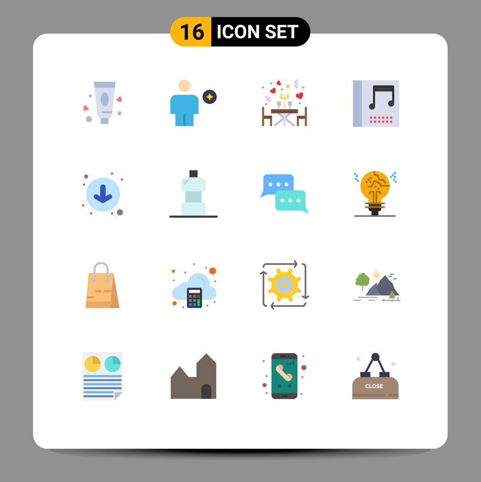 16 vlak kleur concept voor websites mobiel en apps naar beneden pijlen avondeten muziek- album bewerkbare pak van creatief vector ontwerp elementen