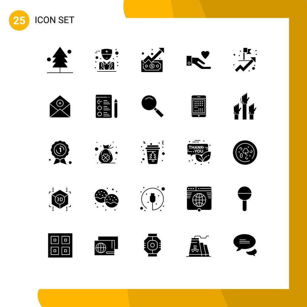 pictogram reeks van 25 gemakkelijk solide glyphs van toevoegen bedrijf neiging prestatie hart bewerkbare vector ontwerp elementen