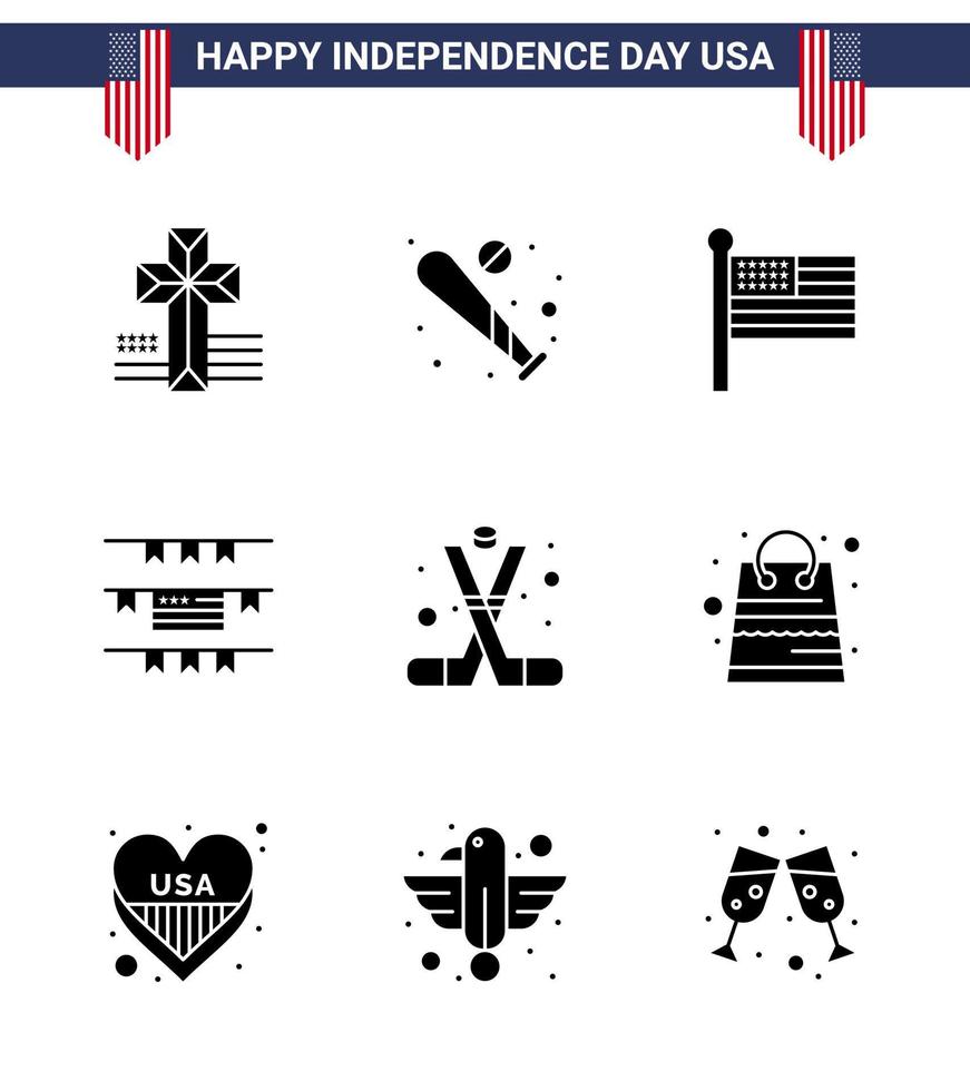 9 solide glyph tekens voor Verenigde Staten van Amerika onafhankelijkheid dag sport- hockey vlag Amerikaans Gorzen bewerkbare Verenigde Staten van Amerika dag vector ontwerp elementen