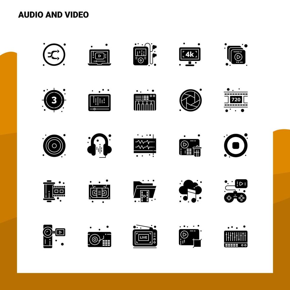25 audio en video icoon reeks solide glyph icoon vector illustratie sjabloon voor web en mobiel ideeën voor bedrijf bedrijf