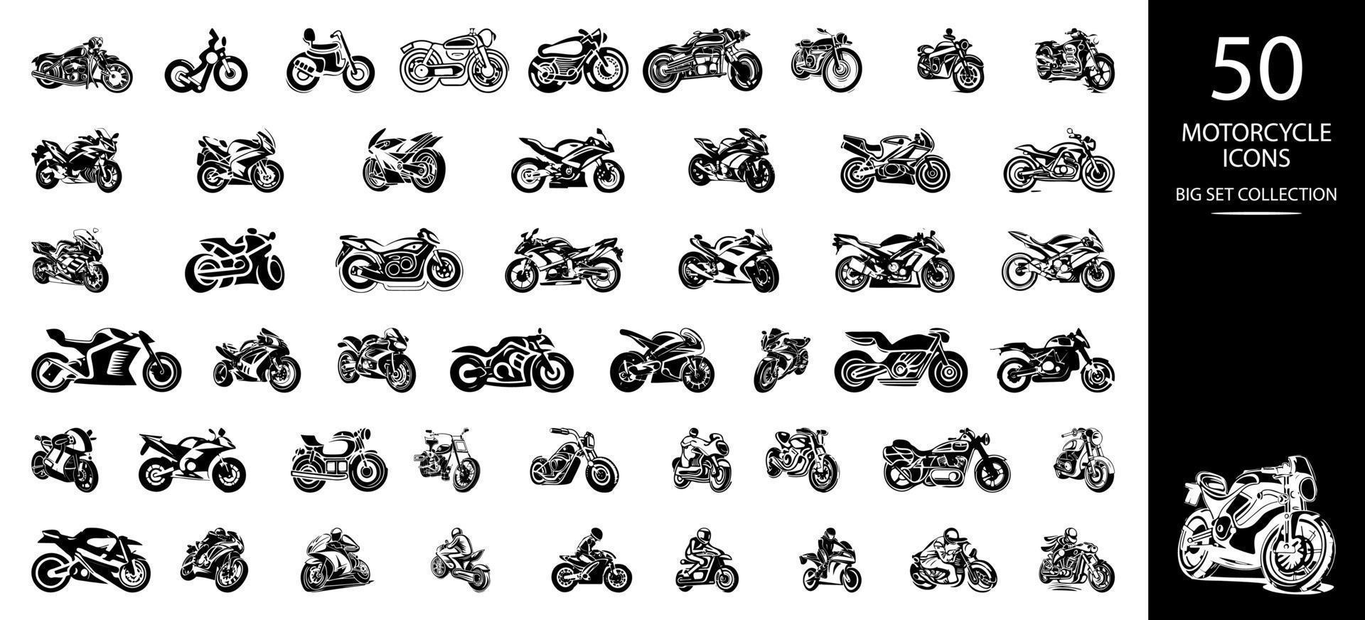 motorfiets pictogrammen reeks vector illustratie. verschillend motor voertuigen zwart pictogrammen set.