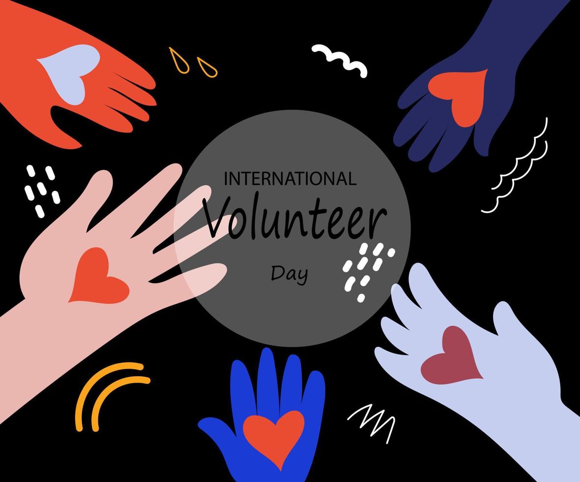 internationaal vrijwilliger dag bewustzijn. veelkleurig palmen houden rood harten.vector vlak tekening illustratie voor banier, poster. vector