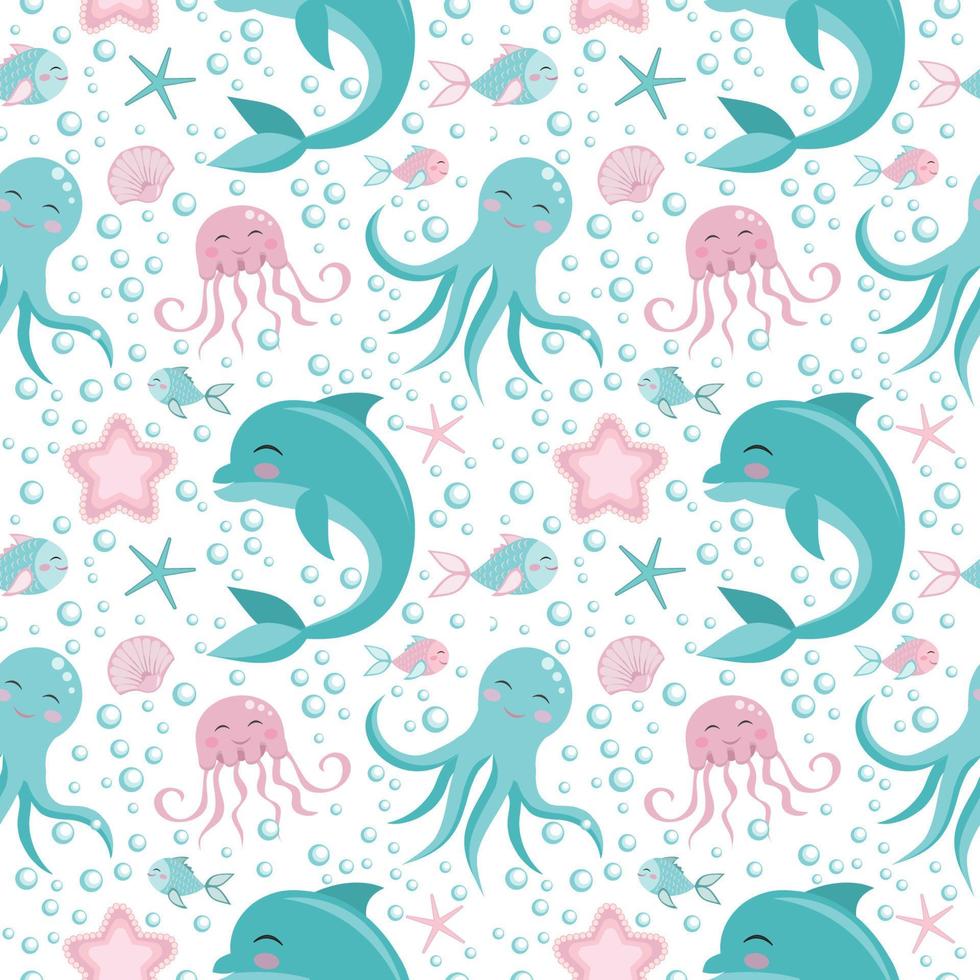 schattig naadloos patroon met zee dieren. Octopus, dolfijn, kwallen, schelp, vis, zeester. onderzees wereld vector