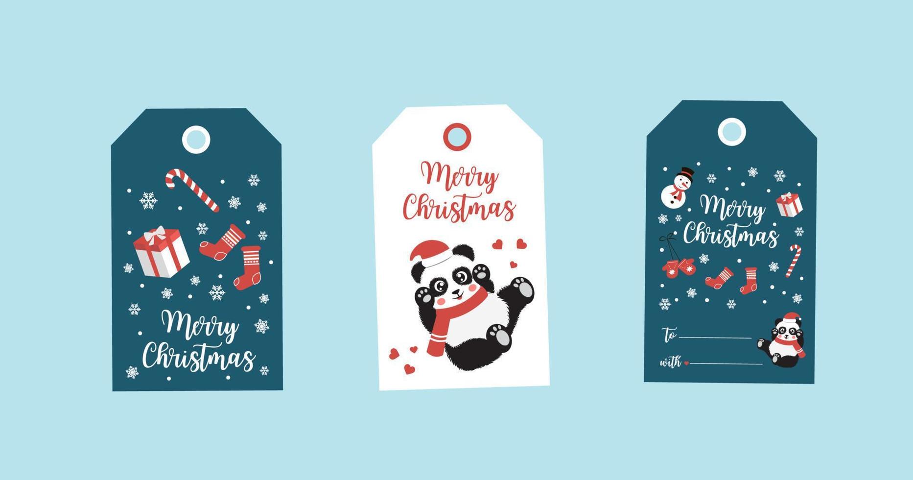 Kerstmis geschenk tags met panda, snoep, sneeuwvlokken, sneeuwman, wanten en sokken. vector illustratie