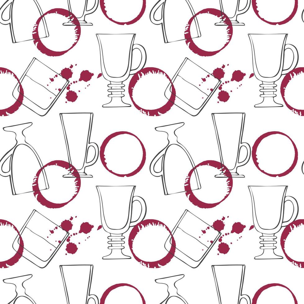 patroon viva magenta kleur 2023 wijn bekladden en druppels met bril voor drankjes en whisky, rood waterverf vlekken, hand- getrokken tekening. vector