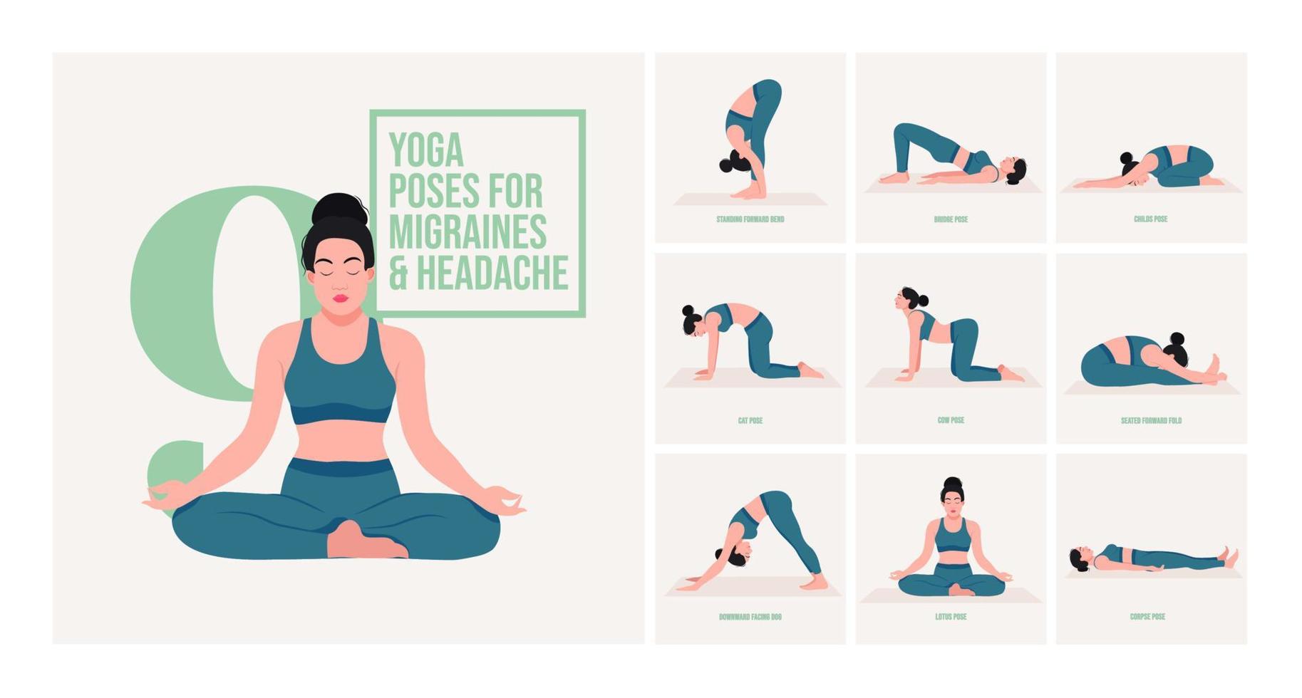 yoga poses voor migraine hoofdpijn. jong vrouw beoefenen yoga houding. vrouw training fitheid, aëroob en opdrachten. vector