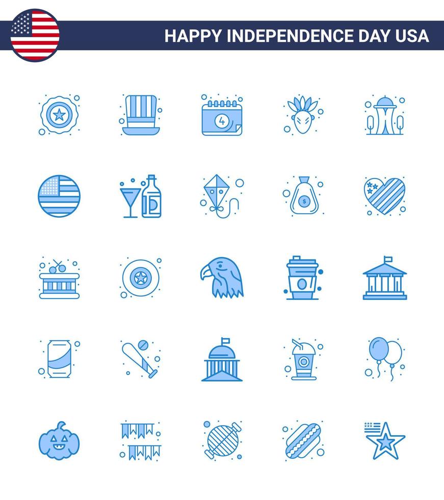 gelukkig onafhankelijkheid dag pak van 25 blues tekens en symbolen voor ruimte mijlpaal kalender gebouw inheems Amerikaans bewerkbare Verenigde Staten van Amerika dag vector ontwerp elementen