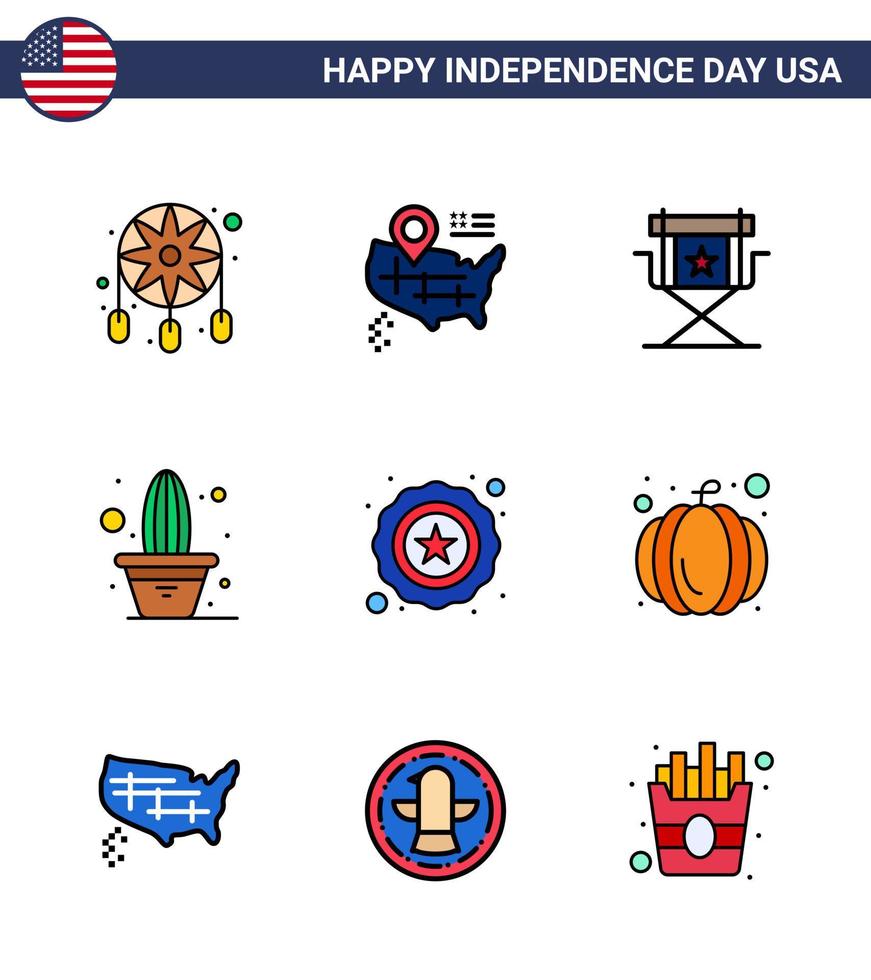 9 Verenigde Staten van Amerika vlak gevulde lijn tekens onafhankelijkheid dag viering symbolen van ster pot regisseur fabriek cactus bewerkbare Verenigde Staten van Amerika dag vector ontwerp elementen