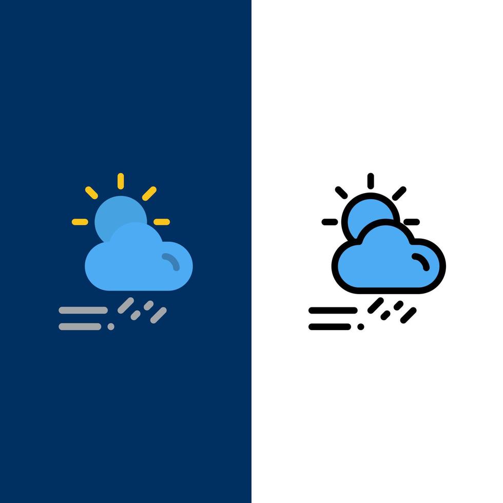 wolk dag regenachtig seizoen weer pictogrammen vlak en lijn gevulde icoon reeks vector blauw achtergrond