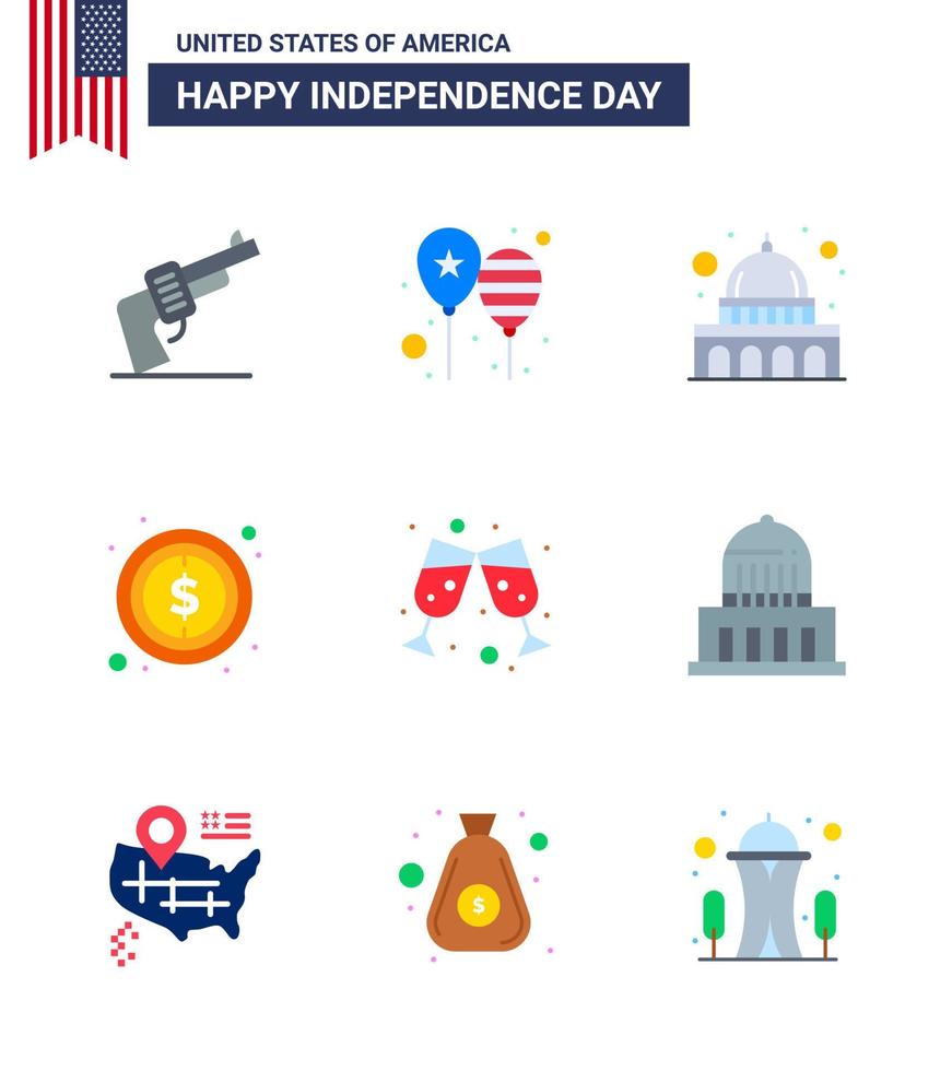 9 Verenigde Staten van Amerika vlak tekens onafhankelijkheid dag viering symbolen van bier dollar Amerika vlag geld Wisconsin bewerkbare Verenigde Staten van Amerika dag vector ontwerp elementen