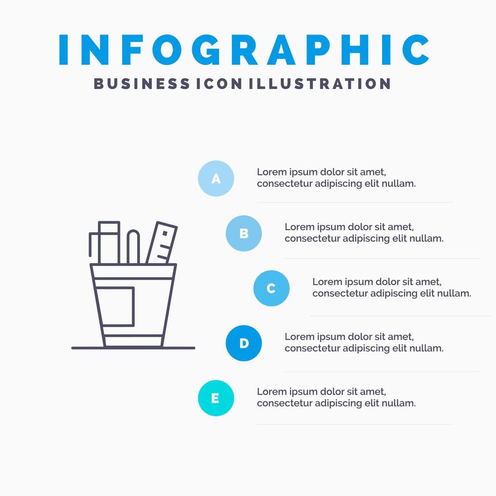 pen bureau kantoor organisator benodigdheden levering gereedschap lijn icoon met 5 stappen presentatie infographics achtergrond vector