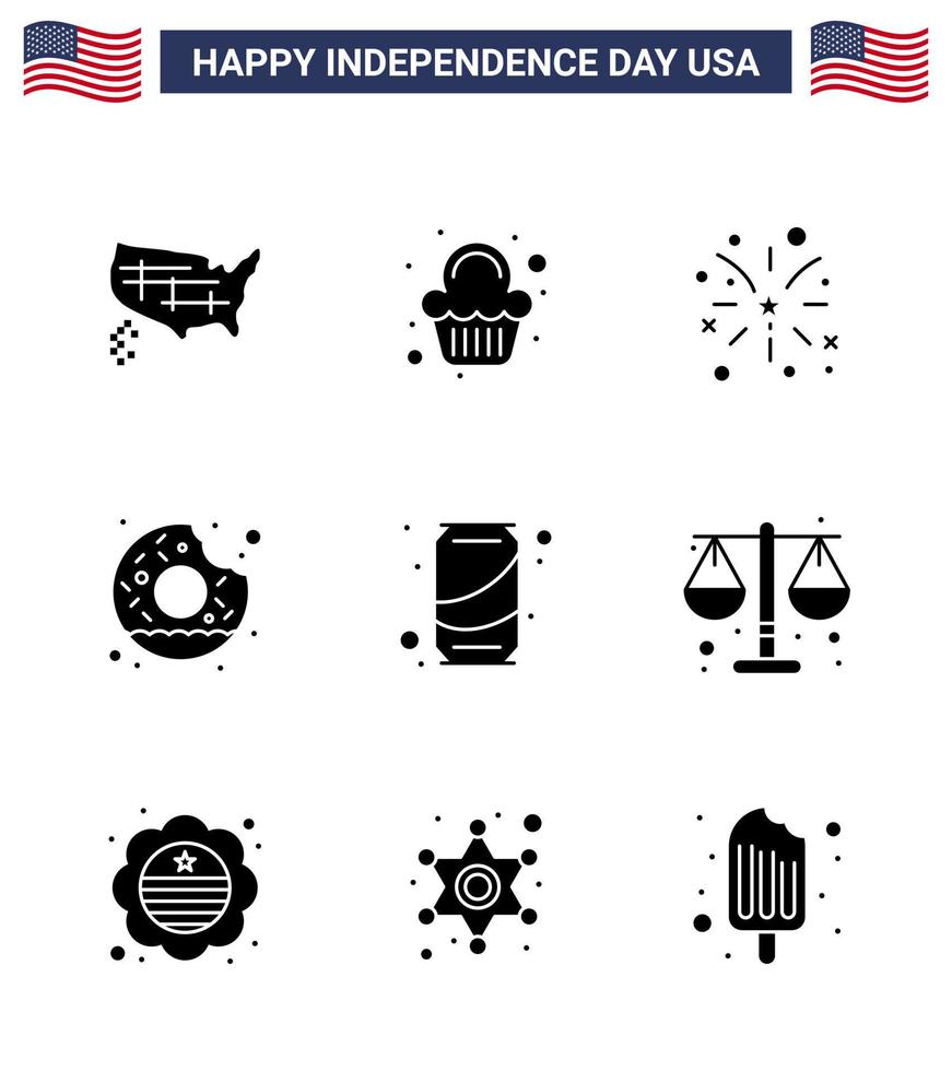 9 Verenigde Staten van Amerika solide glyph pak van onafhankelijkheid dag tekens en symbolen van kan voedsel vuurwerk lekker donut bewerkbare Verenigde Staten van Amerika dag vector ontwerp elementen