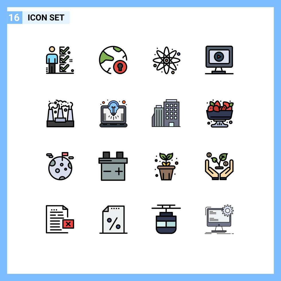pak van 16 modern vlak kleur gevulde lijnen tekens en symbolen voor web afdrukken media zo net zo verontreiniging Speel hangslot video wetenschap bewerkbare creatief vector ontwerp elementen