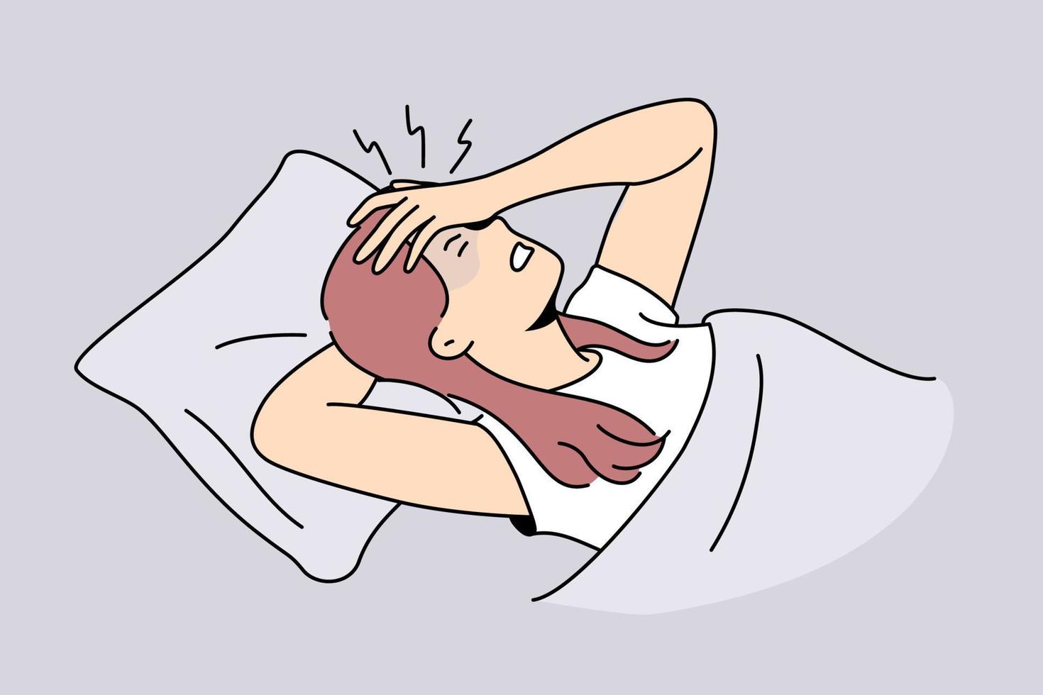 ongezond jong vrouw aan het liegen in bed lijden van migraine. onwel meisje worstelen van hoofdpijn Bij huis. gezondheidszorg concept. vector illustratie.
