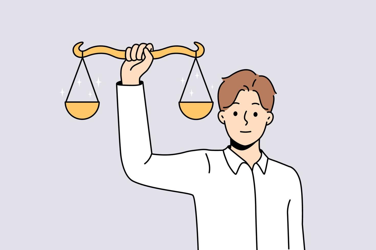 Mens Holding balans in handen tonen evenwicht. mannetje met weegt demonstreren gerechtigheid en wet. menselijk rechten concept. vector illustratie.