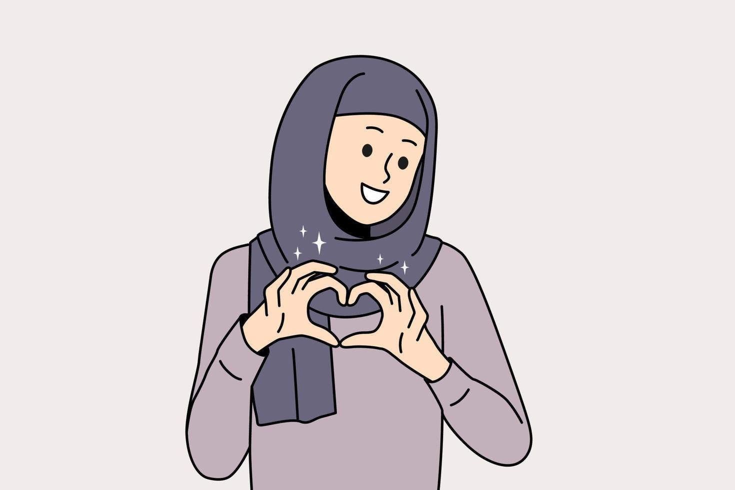 glimlachen Arabisch vrouw in hijab tonen hart hand- gebaar sturen liefde en zorg. gelukkig Arabisch vrouw voelen dankbaar en dankbaar. dankbaarheid concept. vector illustratie.