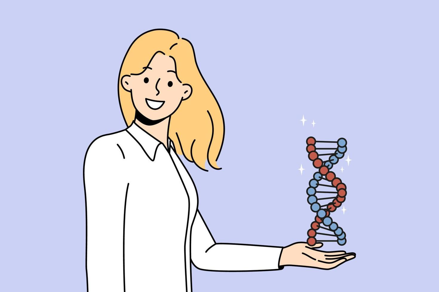 glimlachen jong vrouw houden dna model- in handen. gelukkig vrouw wetenschapper of zoeker met dna spiraal. wetenschap en genetica concept. vector illustratie.