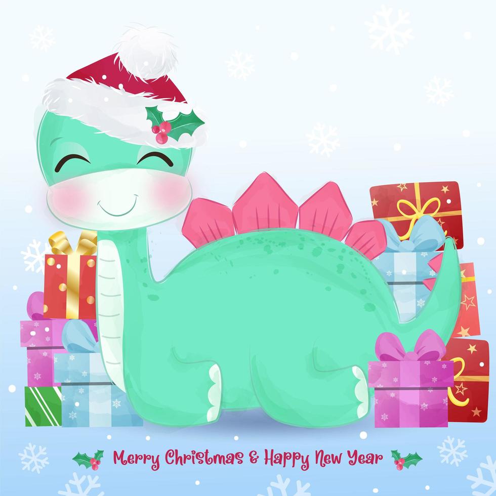 kerst wenskaart met schattige groene dinosaurus vector