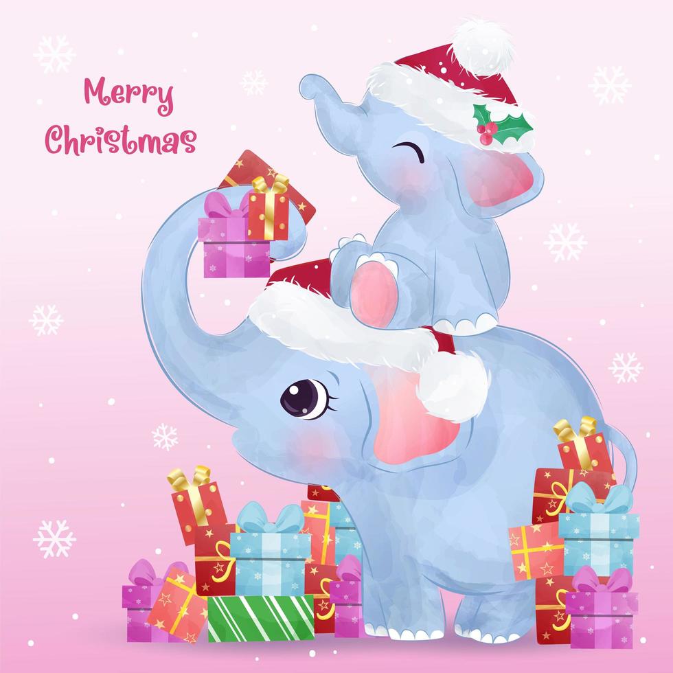kerst wenskaart met schattige mama en babyolifant vector