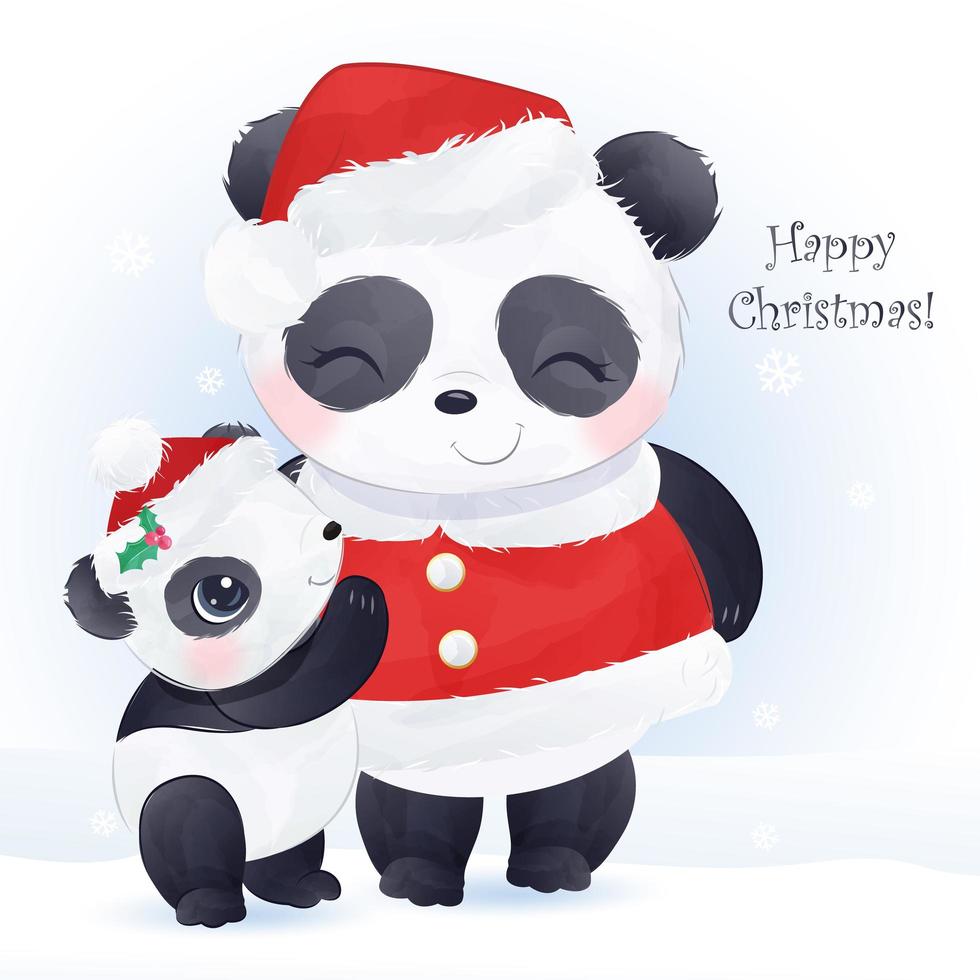 kerst wenskaart met schattige mama en babypanda vector