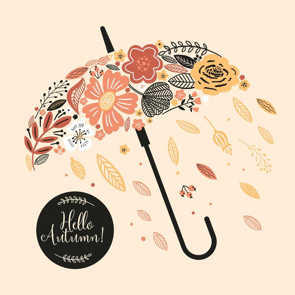 herfst kaart met paraplu en bloemen vector